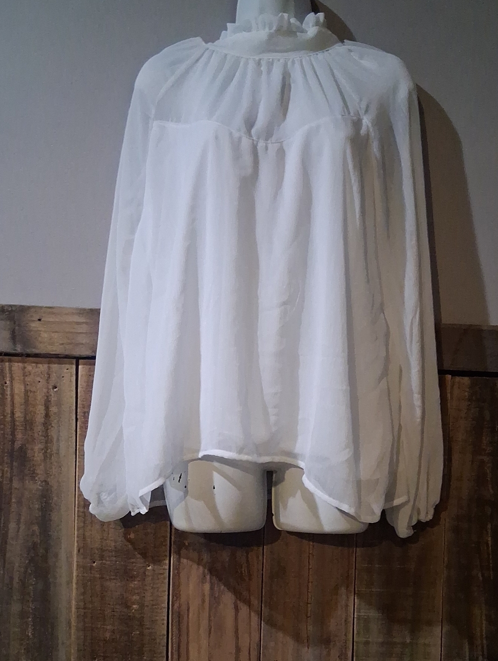 White Sheer Ruffle-Neck Peasant Blouse